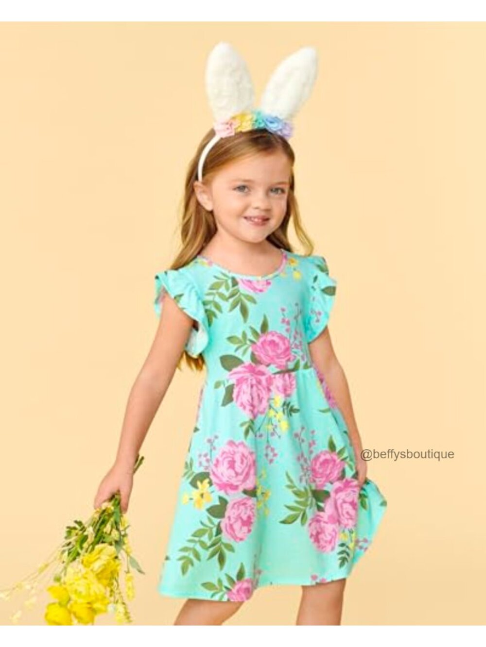 Toddler Girls Short Sleeve Floral Dress with Flutter Sleeves